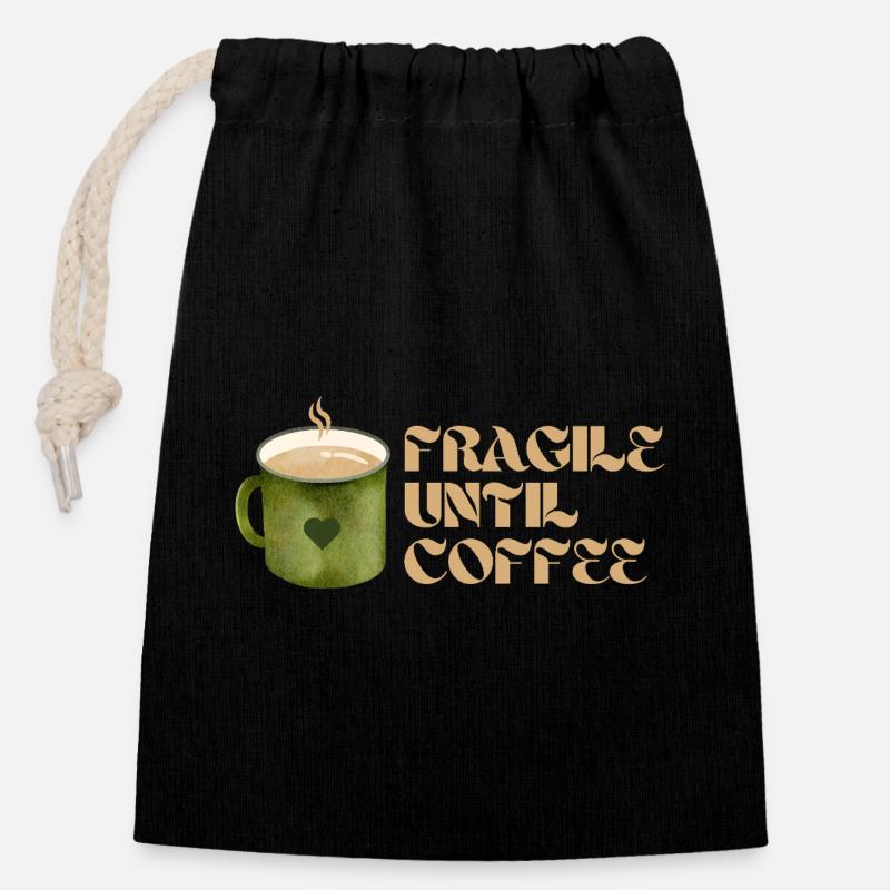 Fragile jusqu’au café – Fun Coffee Design - Sac cadeau en coton avec cordon (14 x 20 cm) - noir