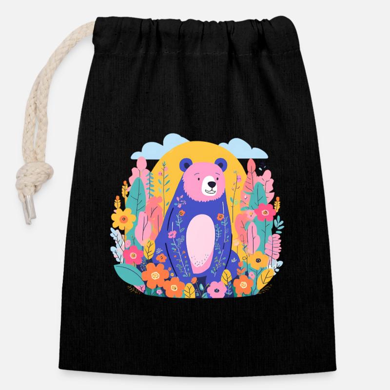 Colorful Bear in a Flower Garden - Closable cotton gift bag (14x20cm) - black