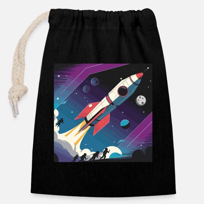 Retro Rocket Launch – Futuristic Space Design - Closable cotton gift bag (14x20cm) - black