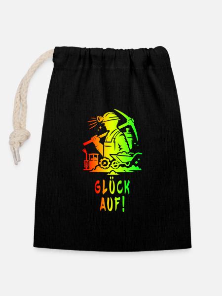 Glück Auf! Bergbau Design - Verschließbarer Geschenkbeutel aus Baumwolle (14x20cm) - Schwarz