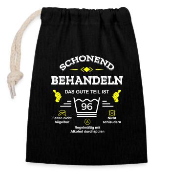 HANDLE MIT SORGFALT – 96 JAHRE PERFEKTION - Verschließbarer Geschenkbeutel aus Baumwolle (14x20cm) - Schwarz - Vorne