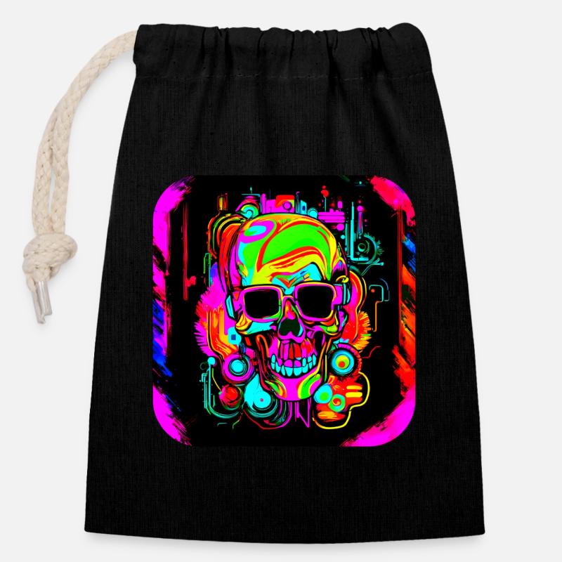Neon Style Schädel Leuchtreklame Glow - Verschließbarer Geschenkbeutel aus Baumwolle (14x20cm) - Schwarz