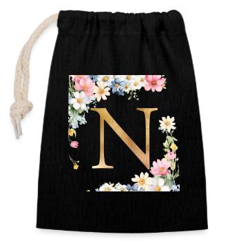 N Monogramme, Floral, Personnalisable - Sac cadeau en coton avec cordon (14 x 20 cm) - noir - Devant