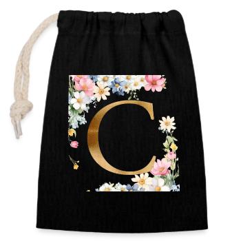 C Monogramme, Floral, Personnalisable - Sac cadeau en coton avec cordon (14 x 20 cm) - noir - Devant