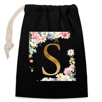 S Monogramme, Floral, Personnalisable - Sac cadeau en coton avec cordon (14 x 20 cm) - noir - Devant