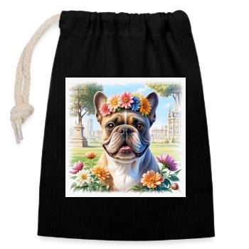 Spring French Bulldog with Floral Wreath - Closable cotton gift bag (14x20cm) - black - Front