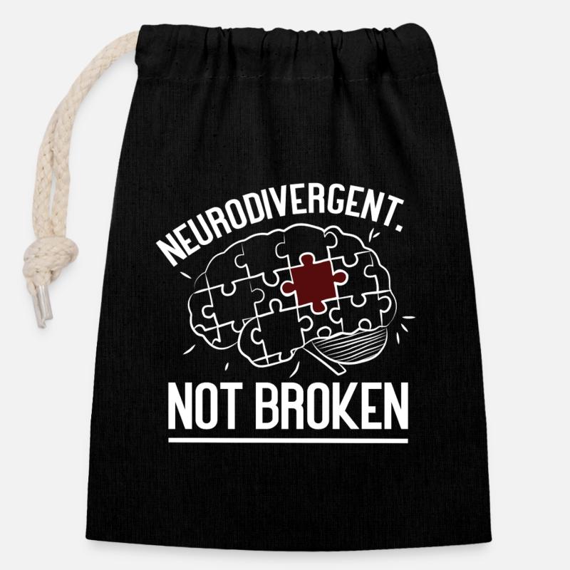 Neurodivergent Not Broken – Strong Mind Statement - Sac cadeau en coton avec cordon (14 x 20 cm) - noir