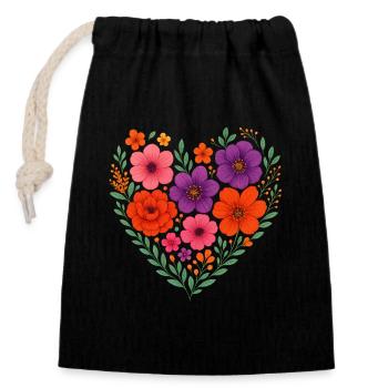 Flower Heart – Motif romantique dans un style vintage - Sac cadeau en coton avec cordon (14 x 20 cm) - noir - Devant