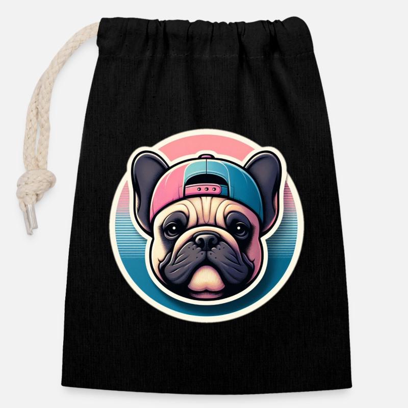 French Bulldog with Pastel Cap - Closable cotton gift bag (14x20cm) - black