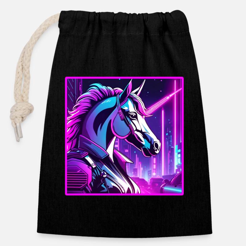 Neon Cyber Unicorn Illustration - Verschließbarer Geschenkbeutel aus Baumwolle (14x20cm) - Schwarz