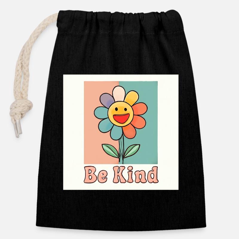 Be Kind - Colorful Smily Flower with Positive Message - Closable cotton gift bag (14x20cm) - black