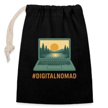 Digital laptop traveler & nature at sunrise - Closable cotton gift bag (14x20cm) - black - Front
