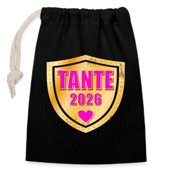 BABY MITTEILUNG TANTE 2026 GEBURT - Verschließbarer Geschenkbeutel aus Baumwolle (14x20cm) - Schwarz - Vorne