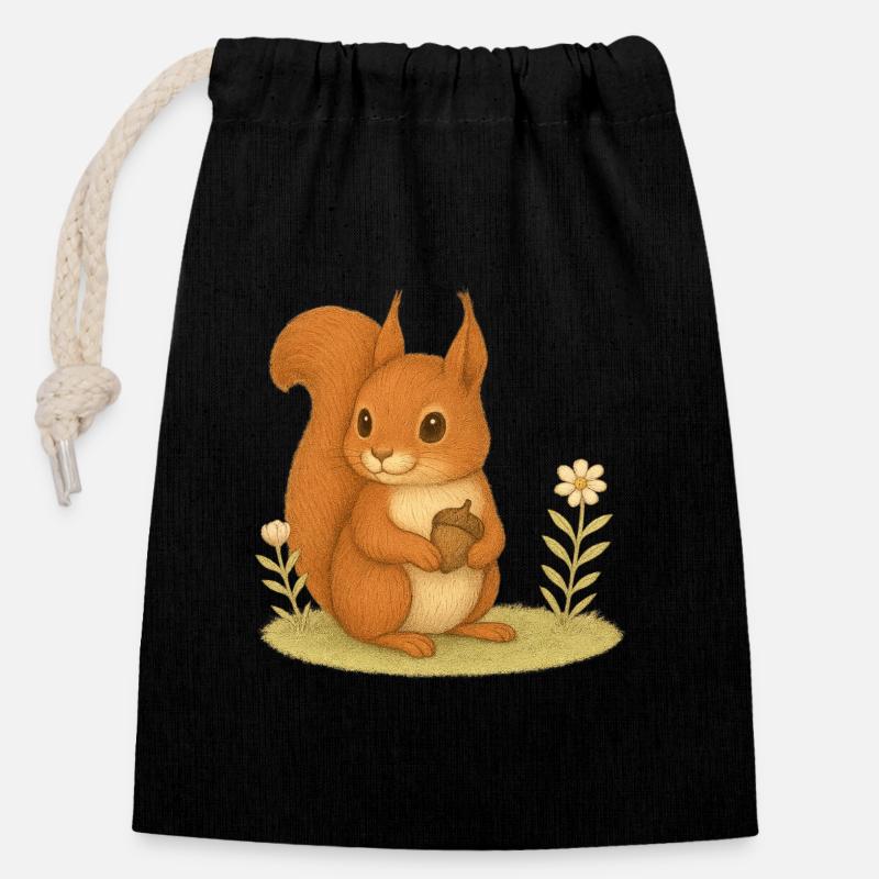 Nordischer Wald - Eichhörnchen - Verschließbarer Geschenkbeutel aus Baumwolle (14x20cm) - Schwarz