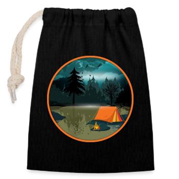 Camping de nuit dans la forêt avec feu de camp et tente - Sac cadeau en coton avec cordon (14 x 20 cm) - noir - Devant
