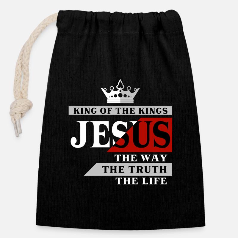 Jésus le roi - Sac cadeau en coton avec cordon (14 x 20 cm) - noir