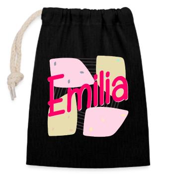 NAMENSGESCHENK TOCHTER MÄDCHEN EMILIA - Verschließbarer Geschenkbeutel aus Baumwolle (14x20cm) - Schwarz - Vorne