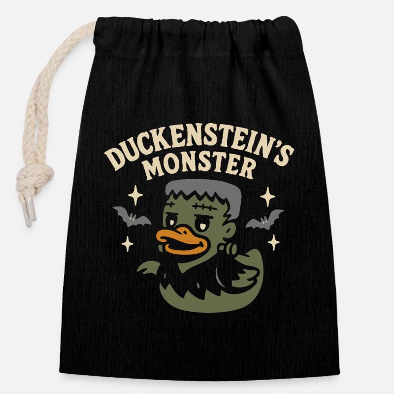 Motif de canard en caoutchouc « Duckenstein’s Monster » avec dicton - Sac cadeau en coton avec cordon (14 x 20 cm) - noir