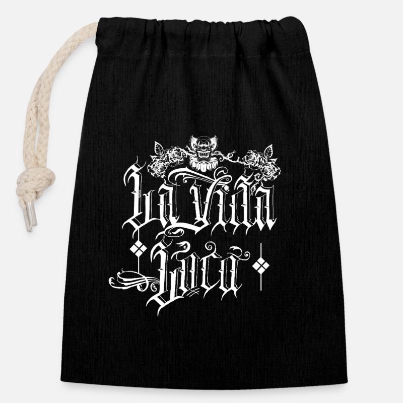Crâne et Roses Tattoo Design - Sac cadeau en coton avec cordon (14 x 20 cm) - noir