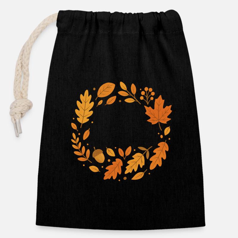 Conception de couronne de feuillage d’automne - Sac cadeau en coton avec cordon (14 x 20 cm) - noir