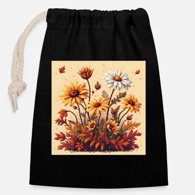 8-Bit Autumn Blooms - Closable cotton gift bag (14x20cm) - black