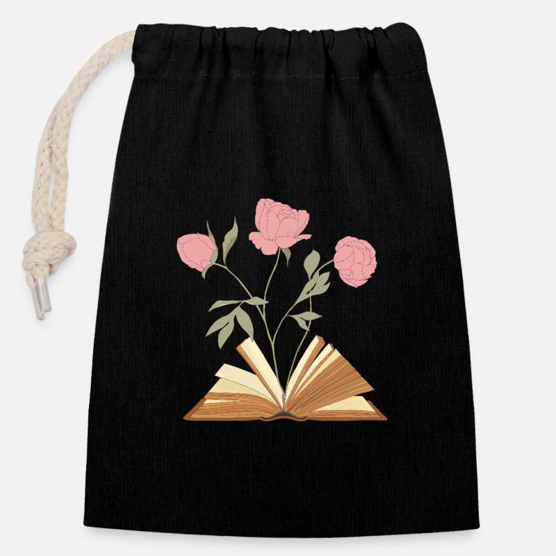 Conception d’illustration de livre floral - Sac cadeau en coton avec cordon (14 x 20 cm) - noir