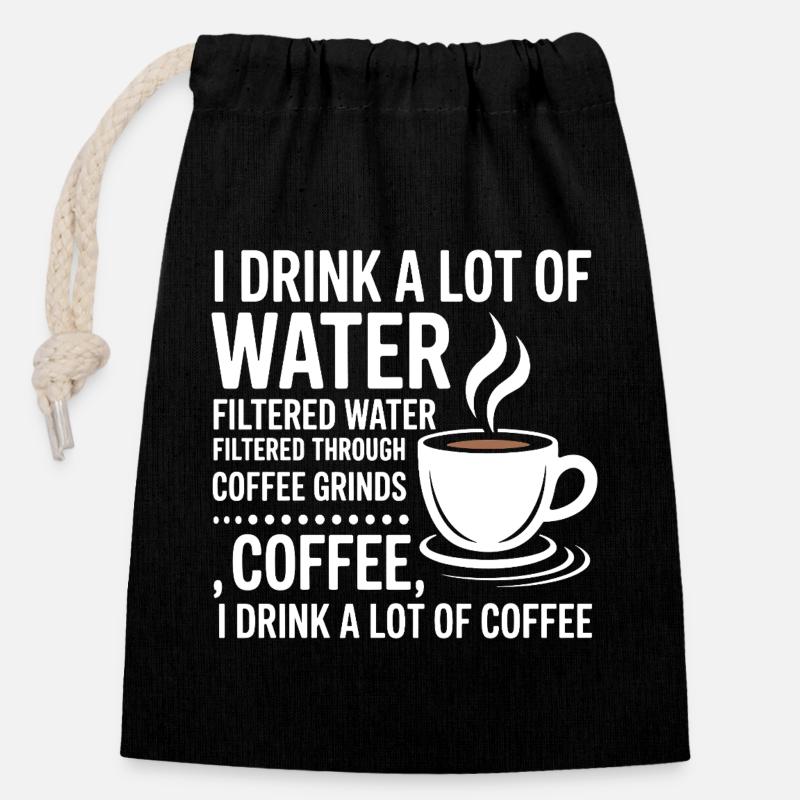 Je bois beaucoup d’eau Drôle de buveur de café - Sac cadeau en coton avec cordon (14 x 20 cm) - noir