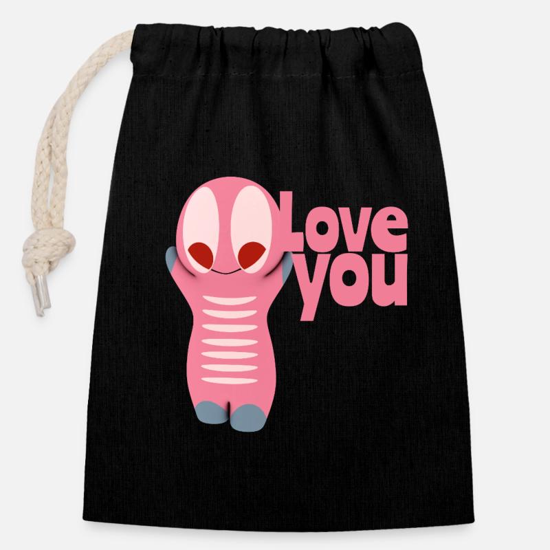 Mignon figurine kawaii t’aime - Sac cadeau en coton avec cordon (14 x 20 cm) - noir