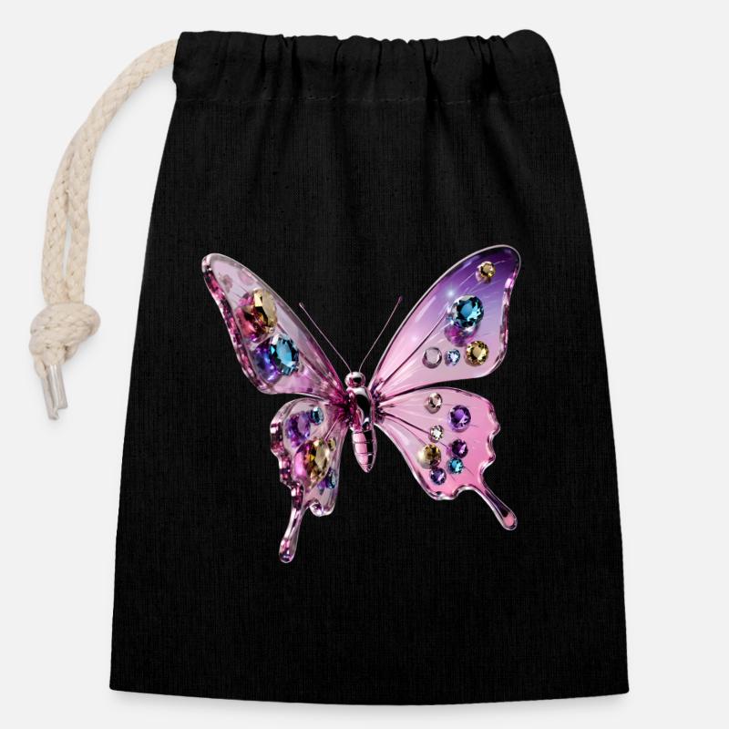 Papillon Glamour 3d - Chrome & Paillettes - Sac cadeau en coton avec cordon (14 x 20 cm) - noir