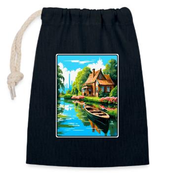 Giethoorn Riverside Cottage en été fleuri - Sac cadeau en coton avec cordon (14 x 20 cm) - bleu marine - Devant