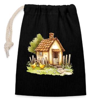 Small Country House Chickens Watercolor Painting - Closable cotton gift bag (14x20cm) - black - Front