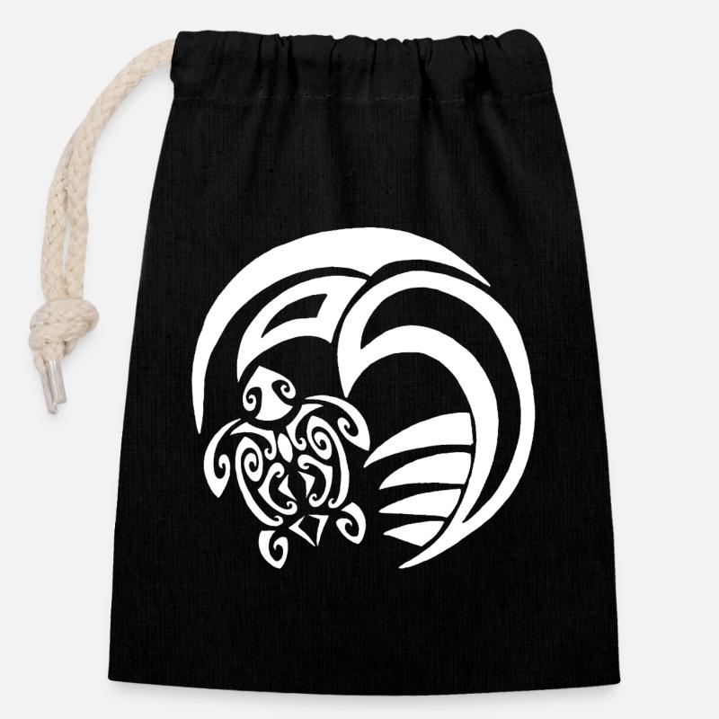 Tortue blanche et océan - Sac cadeau en coton avec cordon (14 x 20 cm) - noir