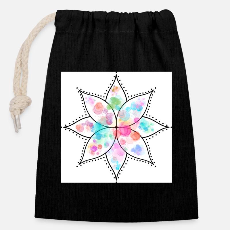 Mandala Pastell Blume Aquarell - Verschließbarer Geschenkbeutel aus Baumwolle (14x20cm) - Schwarz