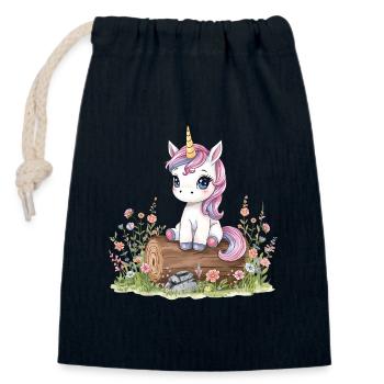 Watercolor unicorn on tree trunk with flowers - Closable cotton gift bag (14x20cm) - navy - Front