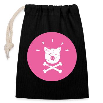 Jolly Roger Schweinchen Piraten Glücksschweinchen - Verschließbarer Geschenkbeutel aus Baumwolle (14x20cm) - Schwarz - Vorne