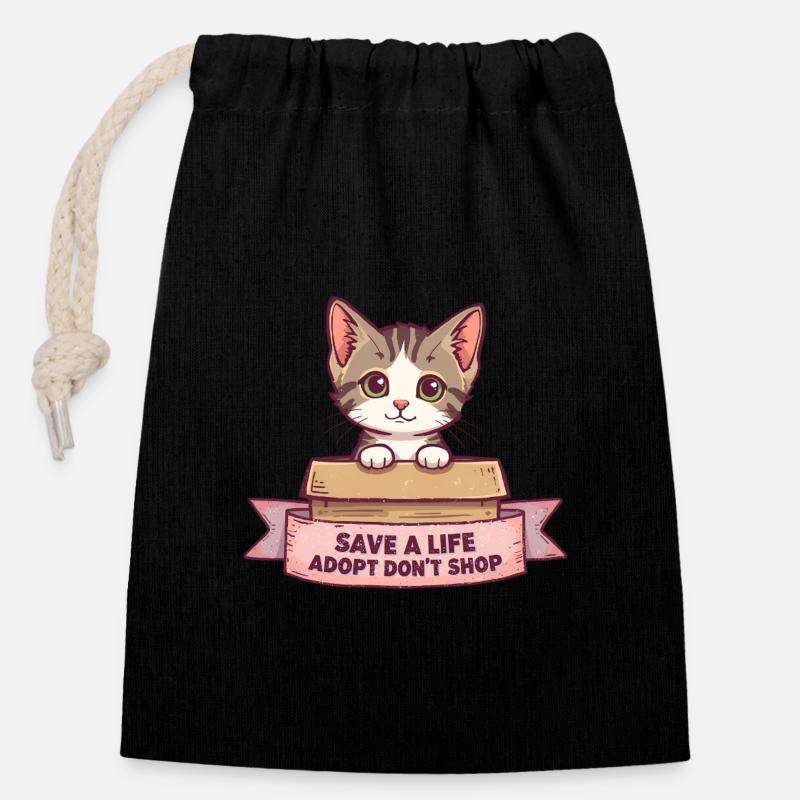 Cute Cat Adopt Don't Shop Design - Closable cotton gift bag (14x20cm) - black