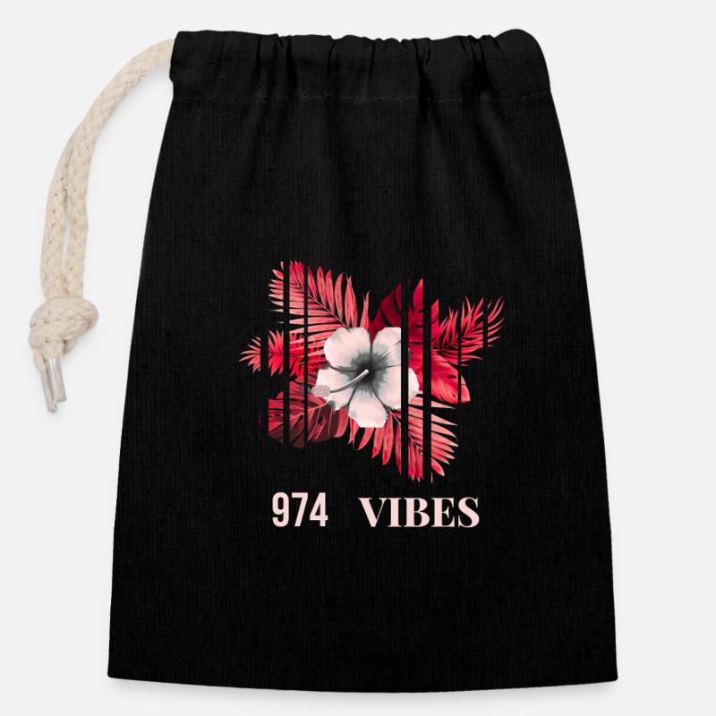 Vibes Tropiques 974 - Sac cadeau en coton avec cordon (14 x 20 cm) - noir