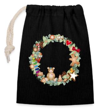 Colorful Christmas wreath with toys and gingerbread - Closable cotton gift bag (14x20cm) - black - Front