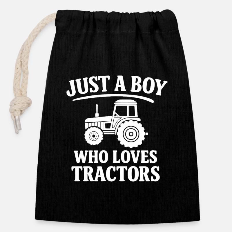 Just a Boy Who Loves Tractors - Closable cotton gift bag (14x20cm) - black