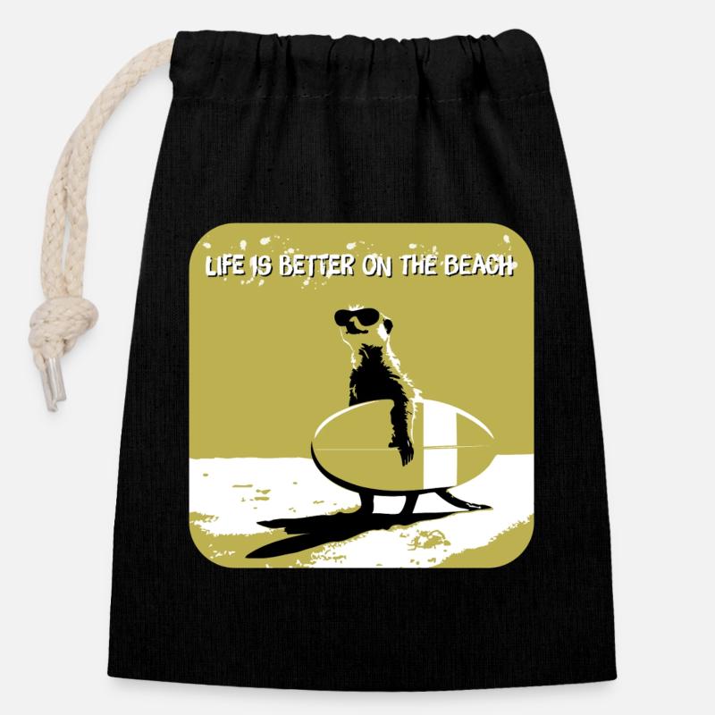 Sympa suricate avec planche de surf - Sac cadeau en coton avec cordon (14 x 20 cm) - noir