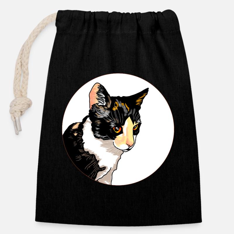 Chat Portrait Cercle Contraste - Sac cadeau en coton avec cordon (14 x 20 cm) - noir