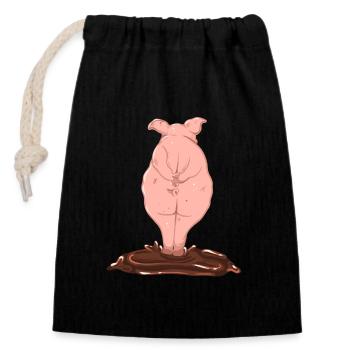 Pink pig from behind - Closable cotton gift bag (14x20cm) - black - Front