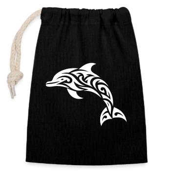Springender Tribal Tattoo Tümmler Delfin - Verschließbarer Geschenkbeutel aus Baumwolle (14x20cm) - Schwarz - Vorne