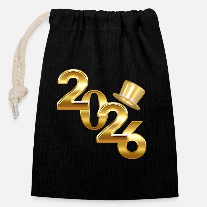 Nouvelle année 2026 - Sac cadeau en coton avec cordon (14 x 20 cm) - noir