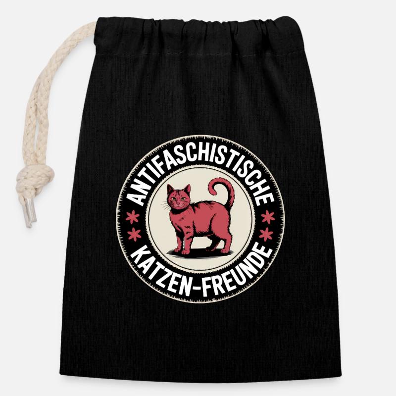 Antifaschistische Katzen Freunde - Gegen Rechts - Verschließbarer Geschenkbeutel aus Baumwolle (14x20cm) - Schwarz