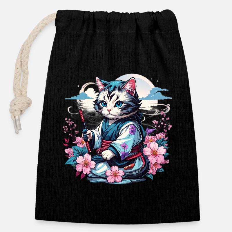 Chat Ninja Kawaii japonais - Sac cadeau en coton avec cordon (14 x 20 cm) - noir
