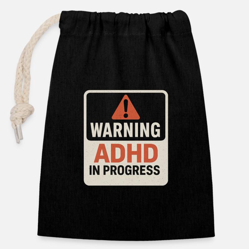 Avertissement TDAH en cours - Sac cadeau en coton avec cordon (14 x 20 cm) - noir