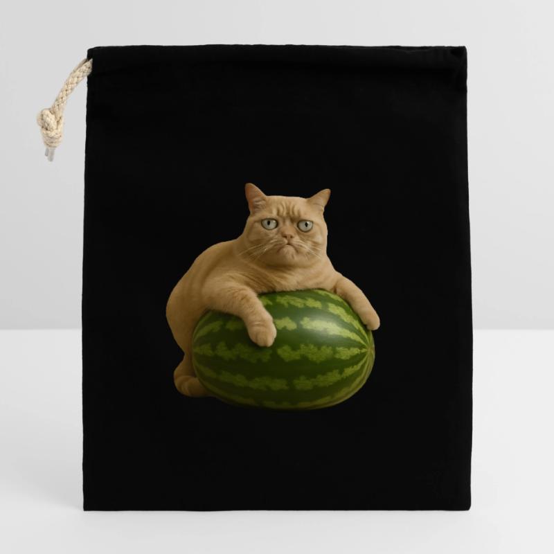 Chat sur pastèque - Mème drôle de chat Sac cadeau en coton avec cordon (14 x 20 cm)