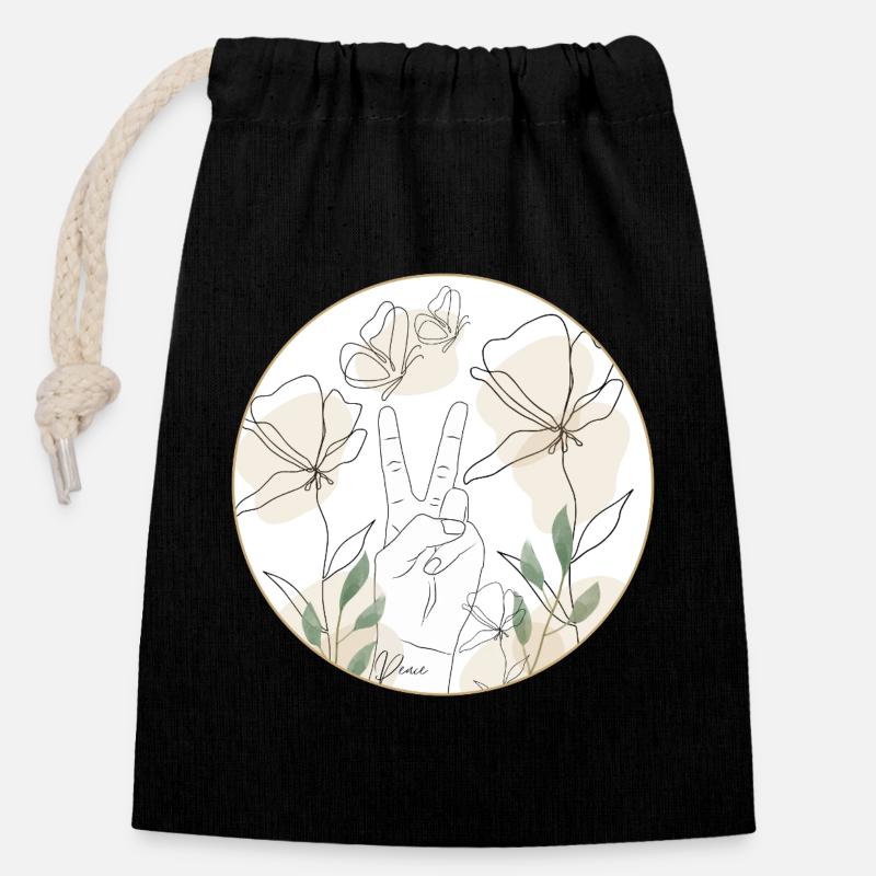 Paix - Main et Fleurs - Art au trait - paix - Sac cadeau en coton avec cordon (14 x 20 cm) - noir
