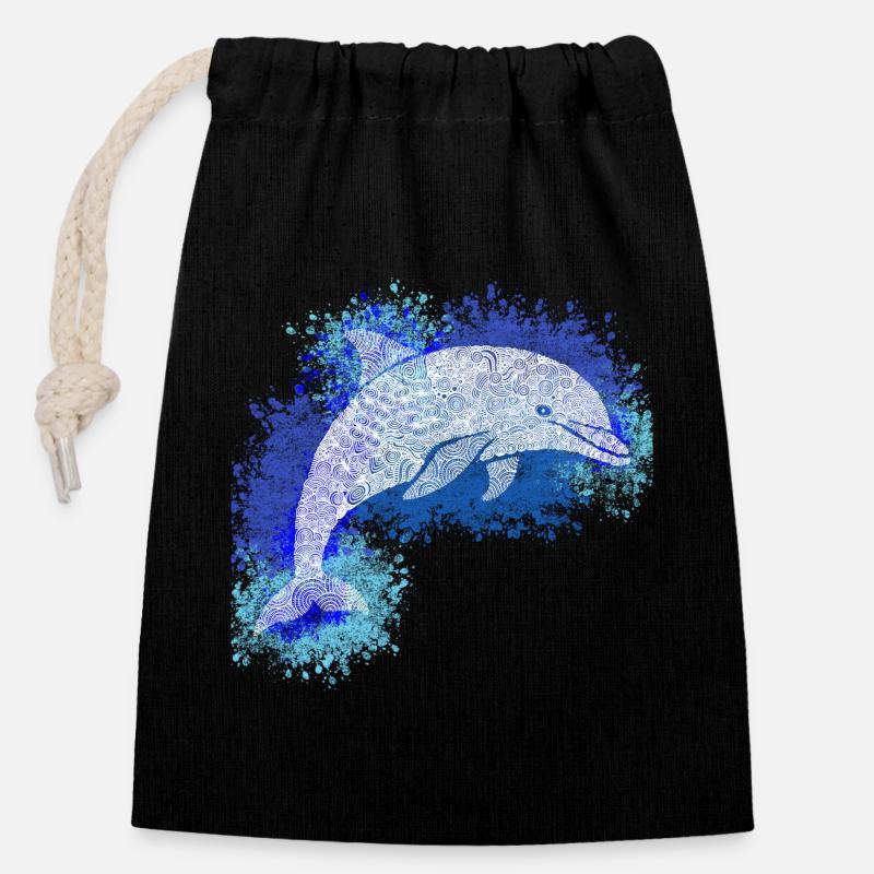 Zentangle Dolphin - Closable cotton gift bag (14x20cm) - black